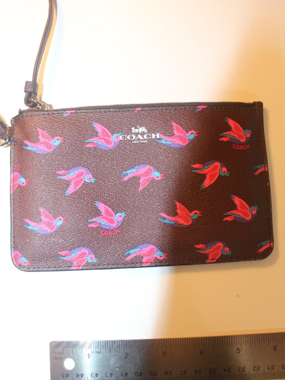 Coach Brown Pink Teal Flying Bird Print Zip Wristlet